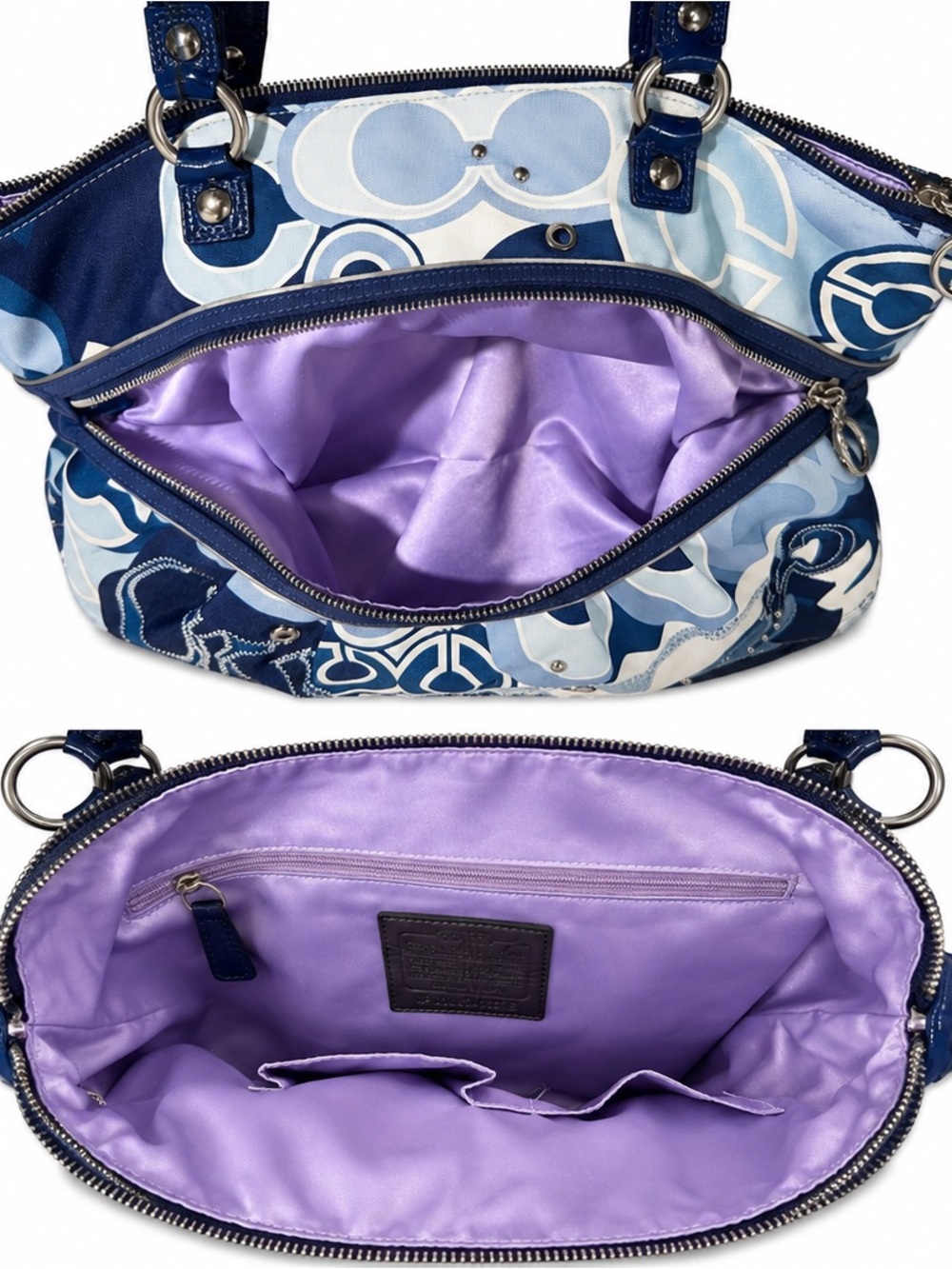 Coach Navy and Light Blue Floral Shoulder Bag with Lavender Lining